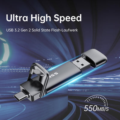 SSK USB C Externe SSD 256GB, mit bis zu 550 MB/s Extreme schneller USB-Stick, Dual-USB Typ C + USB A USB3.2 Gen2 Speicherstick für Android-Telefon, Laptop, Tablet, Mac