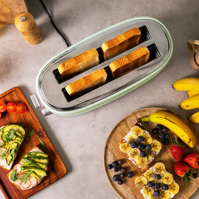 Cecotec Toaster 4 Scheiben Toast&Taste 1600 Retro Double Green, 1630 W, 2 Breite und Lange Schlitze von 3,8 cm, Edelstahl, Obere Roste, Regulierbare Leistung, Krümelschublade