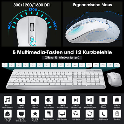 KOORUI Tastatur und Maus Kabellos, Leise Maus Tastatur Set Deutsches Layout QWERTZ mit 12 Funktionstasten 2.4 GHz Tastatur Maus Set für Windows, MacOS, Linux-Weiß (Batterie Nicht Enthalten)
