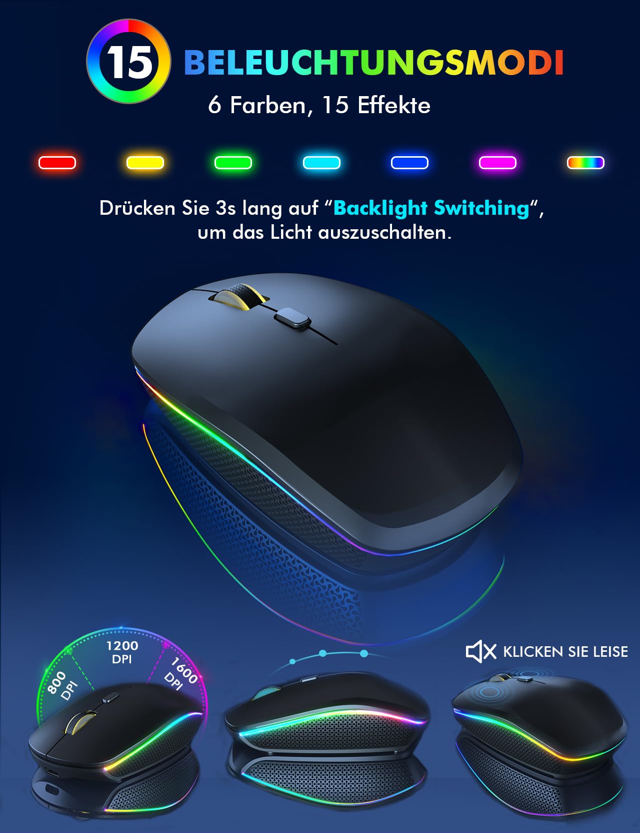 Tastatur Maus Set Kabellos Beleuchtete, wiederaufladbar & Automatischer Schlaf, verstellbare Höhe, 2,4 GHz LED leise USB-A & USB-C Funktastatur mit Maus, für Mac OS/Windows/PC/Laptop-Schwarz, QWERTZ
