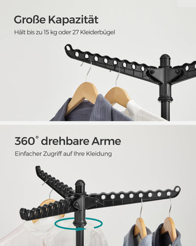 SONGMICS Wäscheständer, Standtrockner, 3 drehbare Armen für Kleiderbügel, Wäschespinne, 4 Beine, für Innenbereich, Edelstahl, für bis zu 27 Kleidungsstücke, 150 cm hoch, schwarz LLR510B01
