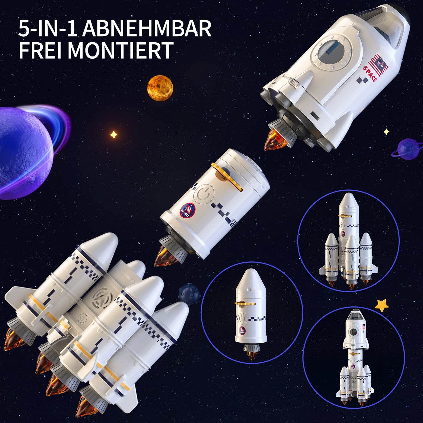 TEMI Space Shuttle Rakete Spielzeug für 3 4 5 6 7 8 9 Jahre Kinder Wissenschaft Lernspielzeug 5-in-1 STEM mit 2 Astronauten, Projektionslampe, Weltraumspielzeug Geschenk Jungen Mädchen