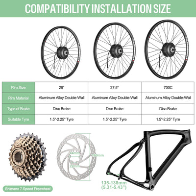 Varstrom 27,5 Zoll Ebike Umbausatz 36V 250W mit optionale Batterie und Display Elektrofahrrad Umbausatz mit 7-Gang Freilauf-Kassette für Freewheel Gearshife E-Bike Hinterrad Bürstenloser Motor