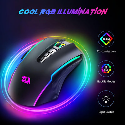 Redragon Gaming Maus Kabellose, RGB Wiederaufladbare Gaming-Maus mit 9 Macro Editing Programmierbare Tasten/8000 DPI, Ergonomische Wireless Gaming Maus, 70Hrs fur PC/Mac Gamer