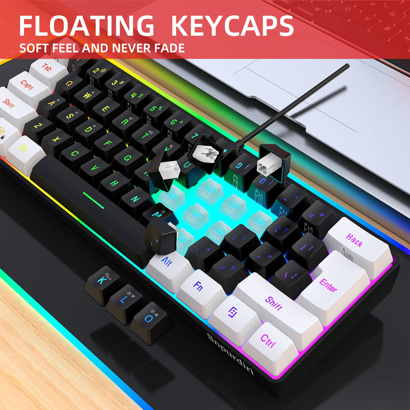 Snpurdiri 60% Percent Gaming Tastatur, Ergonomische Kleine Mini Gaming Tastatur, Silent Compact RGB Tastatur für Windows, PC, Laptop, Gaming (61 Tasten, Weiß-Schwarz)