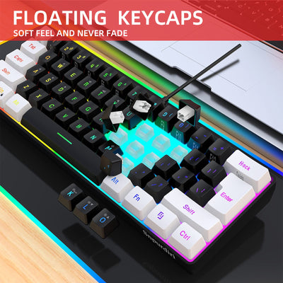 Snpurdiri 60% Percent Gaming Tastatur, Ergonomische Kleine Mini Gaming Tastatur, Silent Compact RGB Tastatur für Windows, PC, Laptop, Gaming (61 Tasten, Weiß-Schwarz)