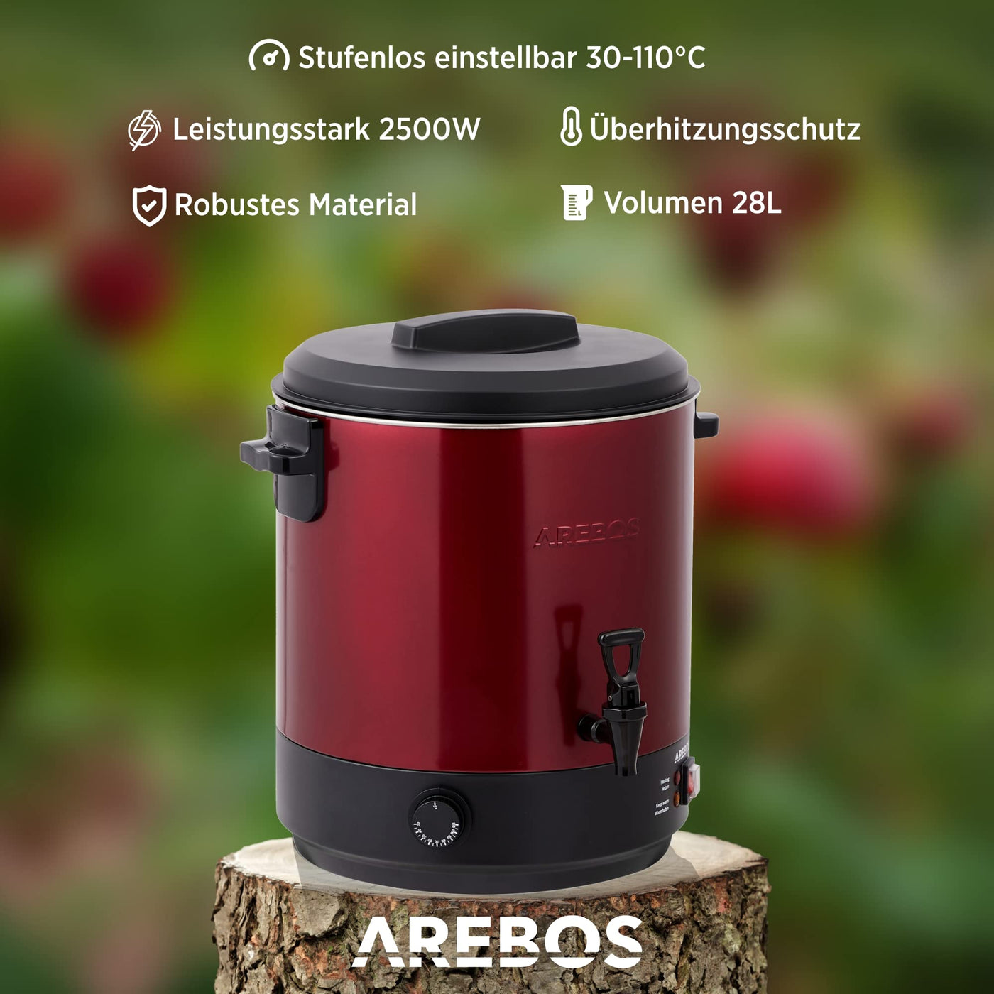 Arebos Einkochautomat 2500 W | Einkochtopf 28 L | mit Thermostat & Überhitzungsschutz | stufenlose Temperatureinstellung 30-110°C | Glühweinkocher | inkl. Einmachglasheber & Einmachtrichter | Weiß