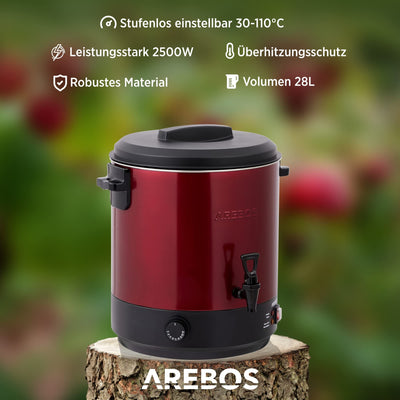 Arebos Einkochautomat 2500 W | Einkochtopf 28 L | mit Thermostat & Überhitzungsschutz | stufenlose Temperatureinstellung 30-110°C | Glühweinkocher | inkl. Einmachglasheber & Einmachtrichter | Weiß