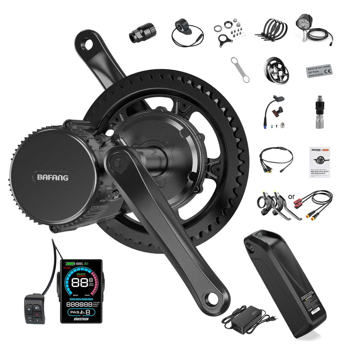 BAFANG 250W Mittelmotor E-Bike Umbausatz mit 36V24Ah Ebike Batterie und VD618 E-Bike Display, CAN Version 8fun Elektrofahrrad Kit für Mountainbike mit BB68-73mm