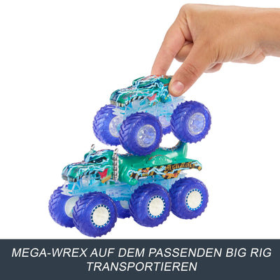 Hot Wheels Monster Trucks Spielzeugtruck & Big Rig Multipack, Mega-Wrex & Tigerhai im Maßstab 1:64 mit Big Rigs in passender Power Smashers-Deko, HYJ29