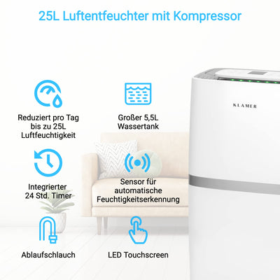 KLAMER Luftentfeuchter elektrisch 25L, 195m³ Luftumwälzung pro Stunde, 420W starker Raumentfeuchter, Entfeuchter mit bis zu 5,5 Liter Fassungsvermögen