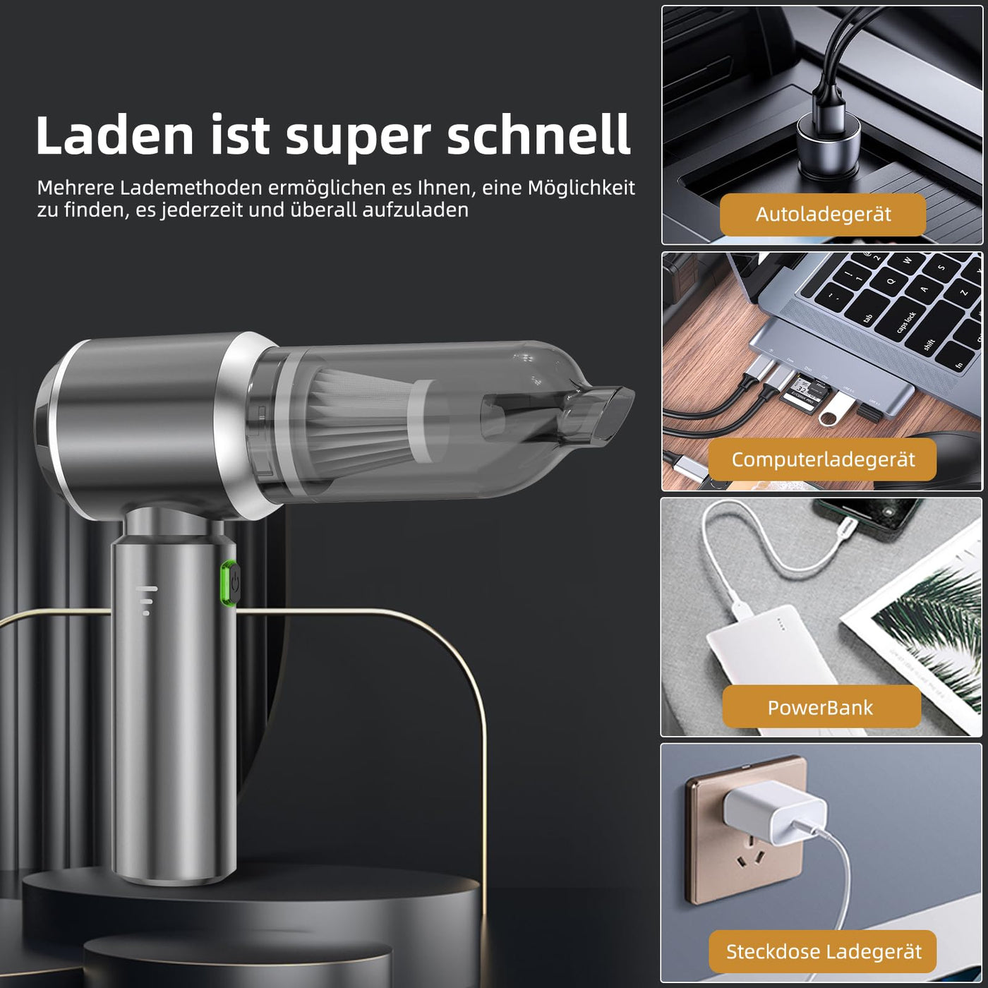 NVKHG Handstaubsauger, Handstaubsauger Akku, 18000Pa Autostaubsauger mit Bürstenloser Motor, 3-Gang Mini Staubsauger, Auto Kabellos Staubsauger für Büro Genutzt, Haus, Küche, Tierhaare