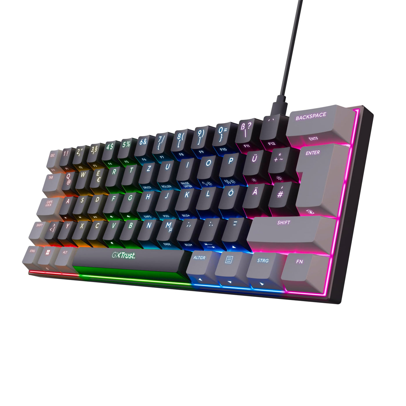 Trust Gaming GXT 867 Acira 60% Mechanische Tastatur Deutsches QWERTZ Layout, RGB Beleuchtung, Doppelt Belegte Tasten, USB Mini Tragbare Programmierbare Kleine Gaming Tastatur 60 Prozent PC Laptop