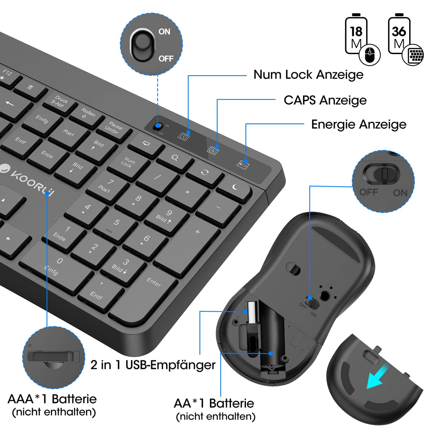 KOORUI Tastatur und Maus Kabellos, Leise Maus Tastatur Set Deutsches Layout QWERTZ mit 12 Funktionstasten 2.4 GHz Tastatur Maus Set für Windows,MacOS,Linux-Schwarz