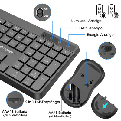 KOORUI Tastatur und Maus Kabellos, Leise Maus Tastatur Set Deutsches Layout QWERTZ mit 12 Funktionstasten 2.4 GHz Tastatur Maus Set für Windows,MacOS,Linux-Schwarz