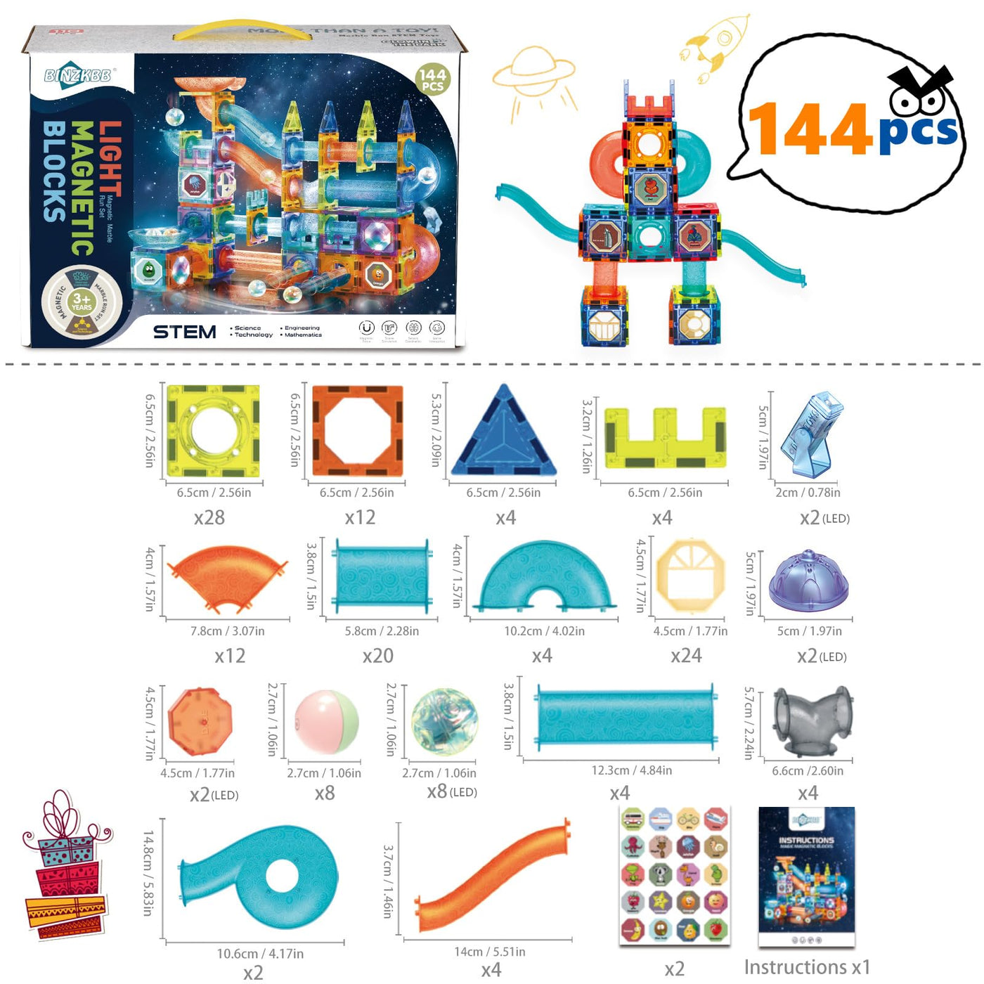 Magnetische Bausteine 144 Teile mit LED-Beleuchtung und Magnetkugelbahn,STEM Montessori-Lernspielzeug für kreatives Bauen,Pädagogisches Kindergeschenk ab 5 Jahren