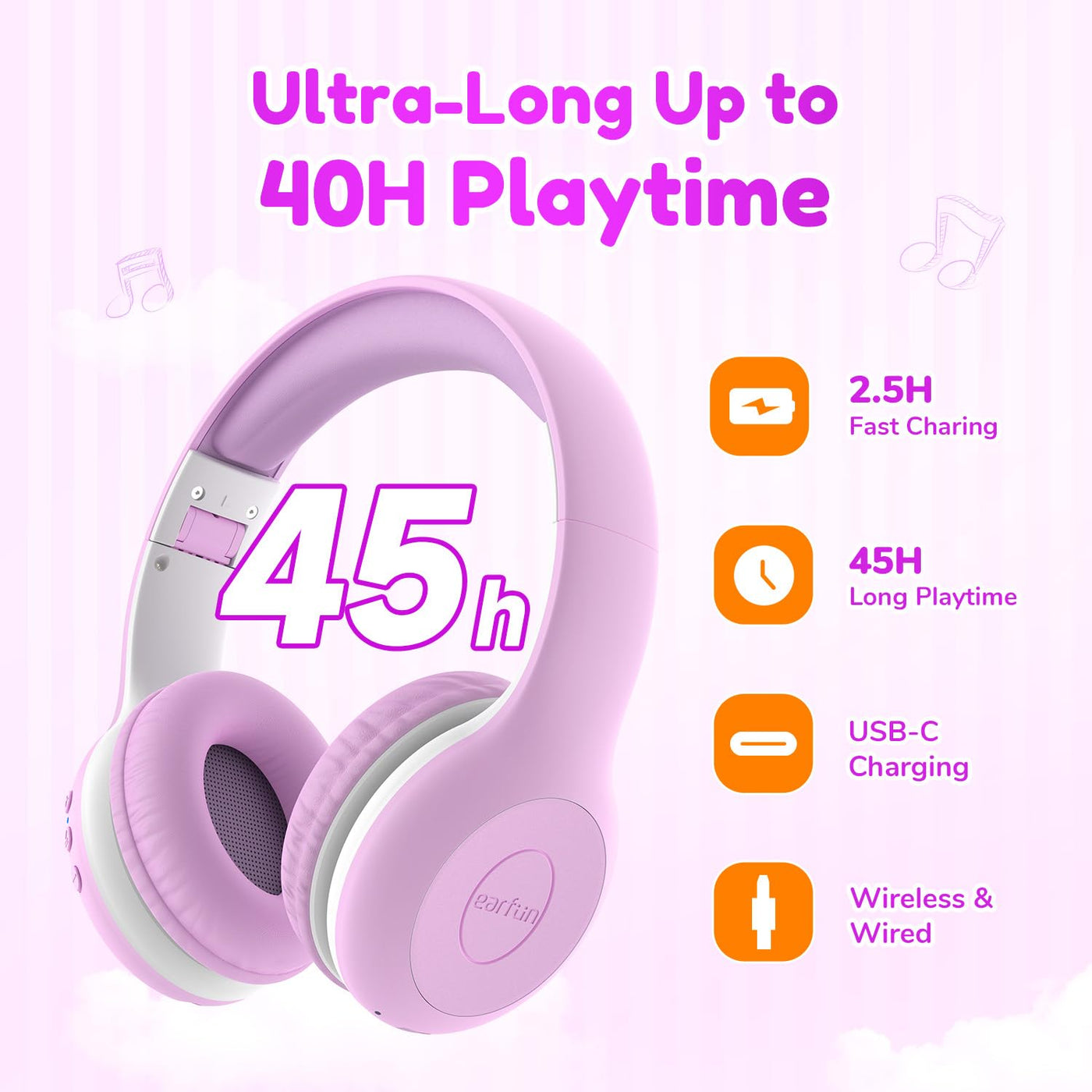 EarFun Bluetooth Kopfhörer Kinder, 74/85/94dB Lautstärkeregelung, HiFi Sound, HD-Mikrofon, 45 Std Akku, Faltbare, Einstellbar, Kopfhörer Kabellos Bluetooth Kinder für Schule/Reise/PC, Lila