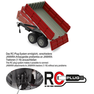 JAMARA 413108 - Kipper für RC-Traktor 1:16 - ferngesteuerte Kippmulde hoch/runter, Anhängerkupplung vorne, Klappbare Bordwände, Rot