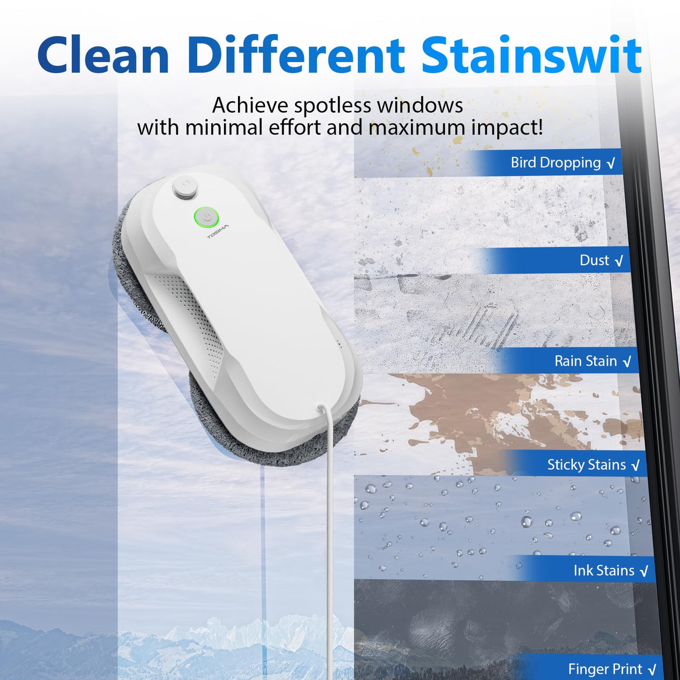 Tosima W5 Fensterputzroboter- Fensterroboter mit doppelter Düse,Einzigartige Variable Frequenzabsaugung, dreifaches Sicherheitssystem, Kantenerkennungsfunktion, intelligente Navigation (Weiß)