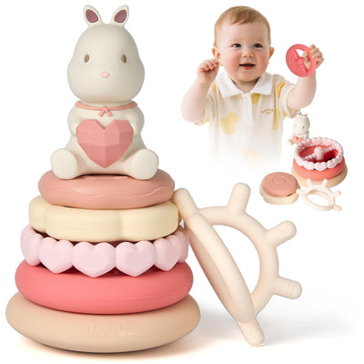 Moonkie Hase Stapelturm Baby, Silikon Spielzeug mit Ringen, Stapelspiel für Kleinkind Mädchen ab 6 Monate 1 2 3 Jahr, Beißring Baby, Sensorik Montessori Spielzeug, 7 Teiliges Set, Babygeschenke