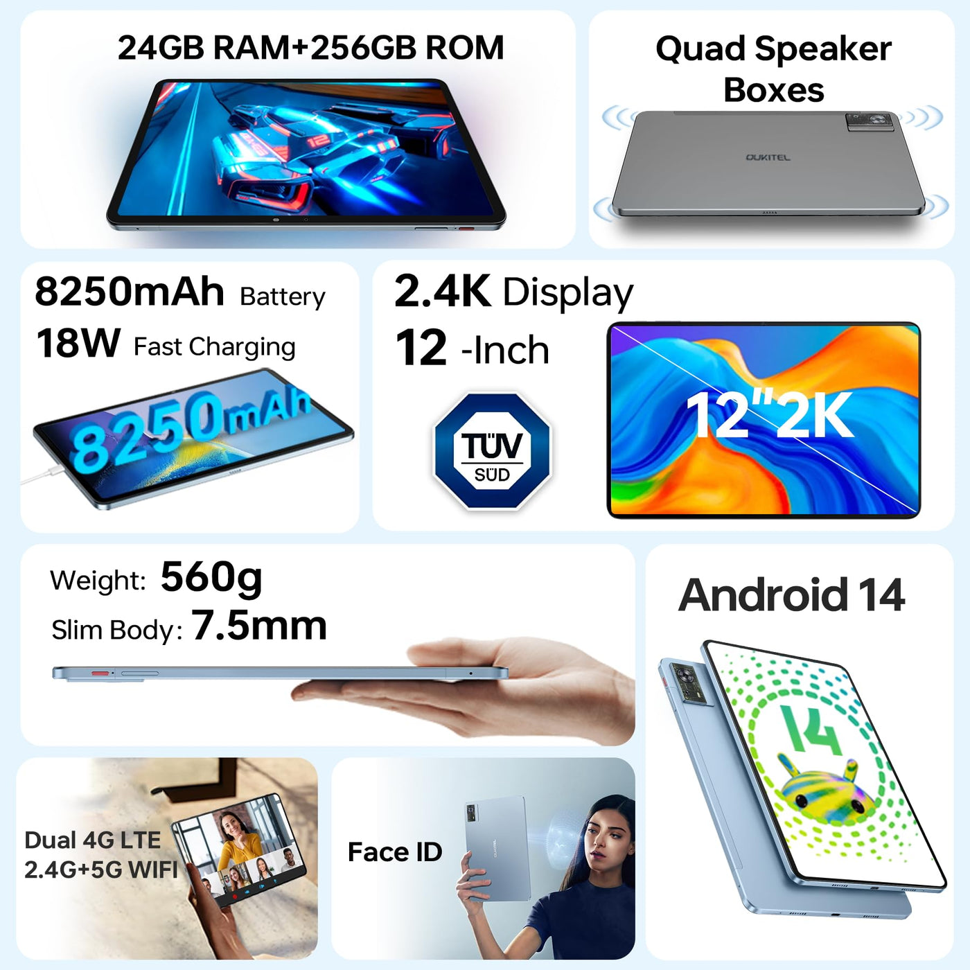 OUKITEL OT5S Tablet Android 14-12 Zoll 2K Tablets, 24(6+18) GB RAM +256GB ROM (2TB TF) Gaming Tablet, 8250mAh Akku, Octa-Core, 16MP Kamera, 4G Dual SIM Tablet PC/5G WiFi/TÜV/GPS,inkl Stift und Hülle