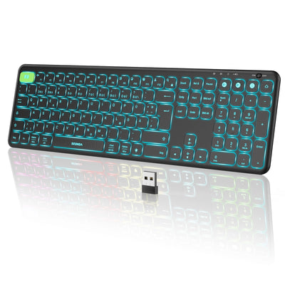 seenda Tastatur kabellos beleuchtet, USB & Bluetooth Tastatur mit 7 Farben Hintergrundbeleuchtung, Wiederaufladbare Leise Funktastatur für PC, Laptop, MacBook,Tablet, QWERTZ Layout(Schwarz)