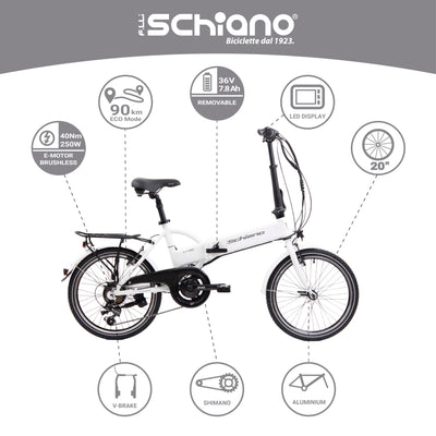 F.lli Schiano E-Sky, E Bike Klappbar 20 Zoll, 36V 7.8Ah Abnehmbarer Akku, Motor 250W 40Nm, Klapprad Ebike für Herren/Damen, Weiss
