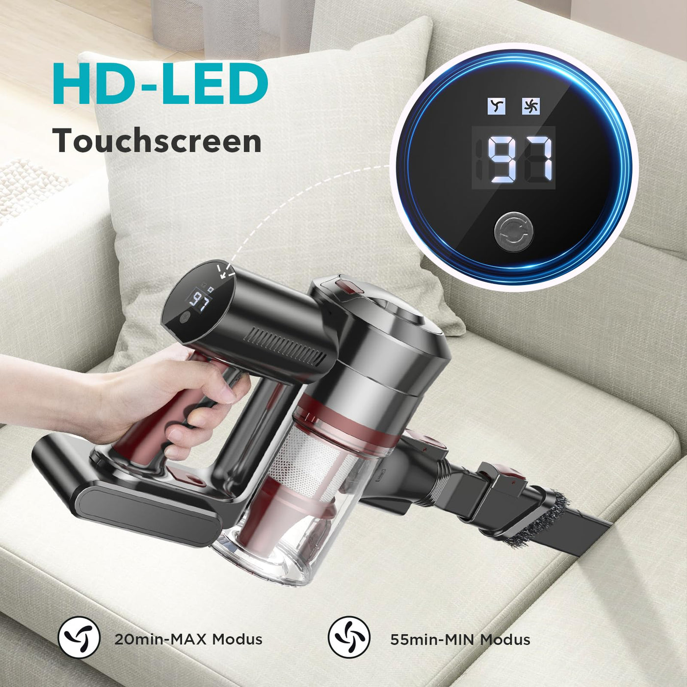 KLiHD Akku Staubsauger Staubsauger Kabellos: 450W/38000Pa mit LED Display Bis zu 55Mins Laufzeit Anti-Tangle-Staubsauger Stielstaubsauger für Tierhaare Hartböden Teppich