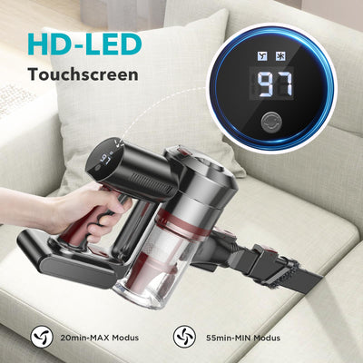KLiHD Akku Staubsauger Staubsauger Kabellos: 450W/38000Pa mit LED Display Bis zu 55Mins Laufzeit Anti-Tangle-Staubsauger Stielstaubsauger für Tierhaare Hartböden Teppich