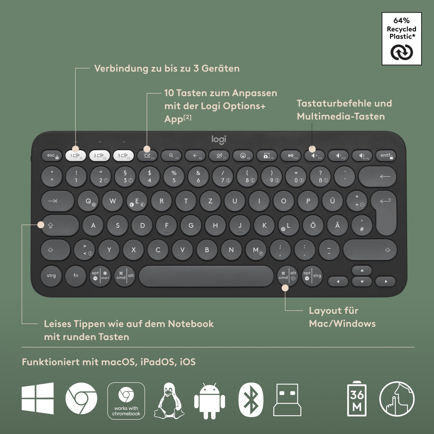 Logitech Pebble 2 Combo, kabellose Tastatur und Maus, leise und mobil, anpassbar, Logi Bolt, Bluetooth, Easy-Switch für Windows, macOS, iPadOS, Chrome, Deutsches QWERTZ-Layout, Grafit