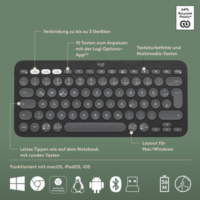 Logitech Pebble 2 Combo, kabellose Tastatur und Maus, leise und mobil, anpassbar, Logi Bolt, Bluetooth, Easy-Switch für Windows, macOS, iPadOS, Chrome, Deutsches QWERTZ-Layout, Grafit