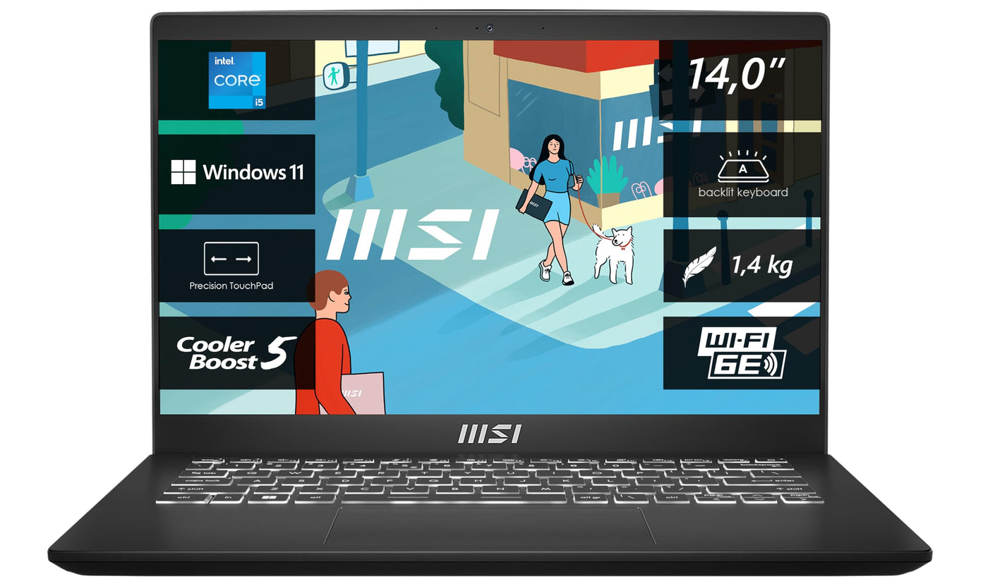 MSI Modern 14 Business Laptop, 35,7 cm (14,0") FHD, Intel Core i5 1235U, 16 GB DDR4 RAM, 512 GB SSD, Intel® Iris® Xᵉ Grafik, Windows 11 Home, QWERTZ Tastatur, schwarz, C12MO-1206
