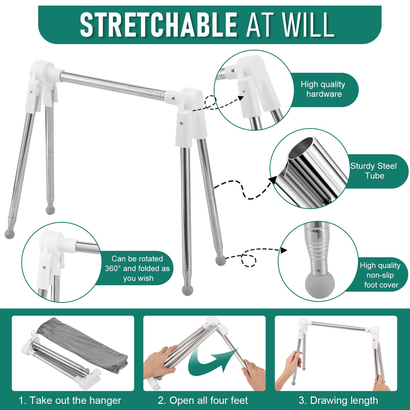 Idong Tragbarer Wäscheständer aus Edelstahl, 32-73 cm einziehbarer faltbar Wäscheständer für Camping, Reisen, Outdoor, Wäscherei zu Hause usw. EIN zusammenklappbarer Mini-Reisekleiderständer