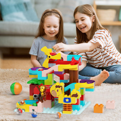 Murmelbahn Bausteine Kinder STEM Spielzeug, 3-in-1 Kugelbahn Bauset für Kinder 88 Pcs Groß Blöcke Ball Race Lernspielzeug Geburtstag Spielzeug für Jungen Mädchen 3+ Jahre