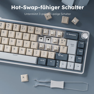 RK ROYAL KLUDGE R65 Mechanische Tastatur 60 Prozent mit Knopf, Gasket Gaming Tastatur Kabellos Bluetooth/2.4G/USB-C RGB PBT Tastenkappen QWERTZ QMK/VIA, Hot Swap Linearer Creamy Switches