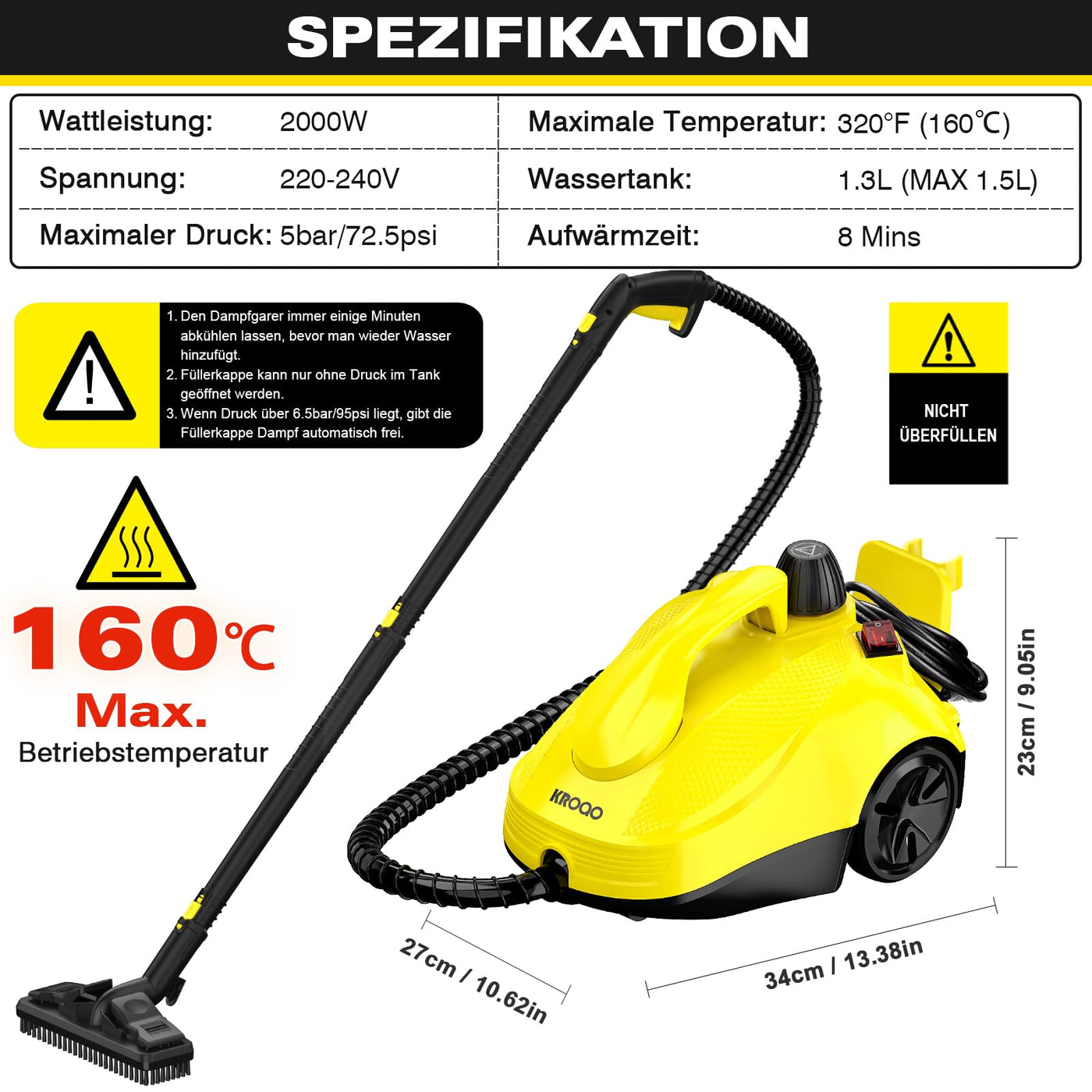 KROQO Dampfreiniger,Mehrzweck-Dampfreiniger Handgerät,Dampfreiniger für alles mit 23-Zubehörteilen,Entfernen von Tapeten,Boden,Teppich,Sofa,Polstermöbel,Auto,Fliesen,Polster,Bad- 1.5L Steam Cleaner