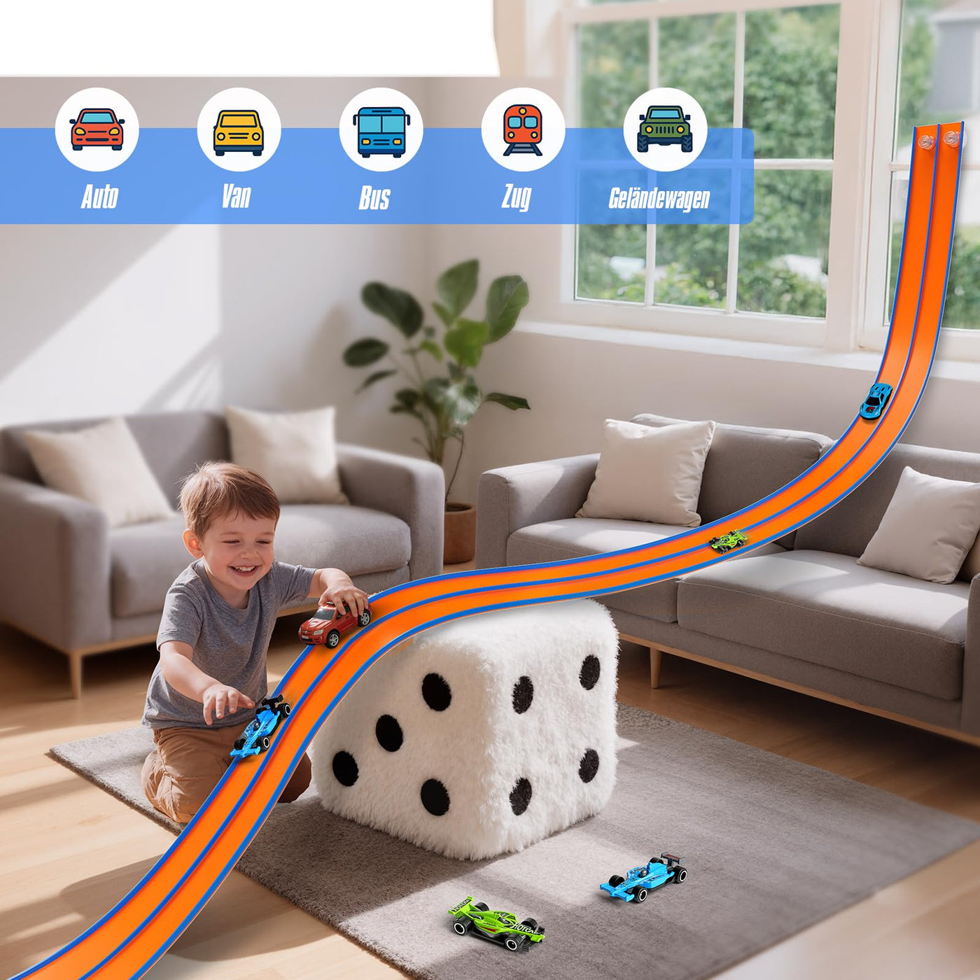 Hot Bee 4.5m Autobahn Kinder 3 4 5 6 7 Jahre, Rennbahn Rennstrecke Auto Spielzeug, Flexible Race Car Track, Dual Rennstrecke Rampen Für 1/64th Autos, Geschenke Für Jungen Und Mädchen