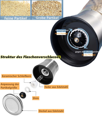 Salz und Pfeffermühle, Edelstahl Gewürzmühle mit einstellbarer keramischer Mühle, Chilli Mühle, Nachfüll Salzmühle