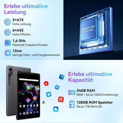Blackview Tablet 11 Zoll Tab90 Android Gaming Tablet 4G LTE+5G WLAN 24GB(8+16) RAM 128GB ROM (2TB TF) 8200mAh 5MP+13MP Unisoc Tablets Octa-Core, Face ID/GMS/GPS/3.5MM Kopfhörerbuchse/BT5/Widevine L1