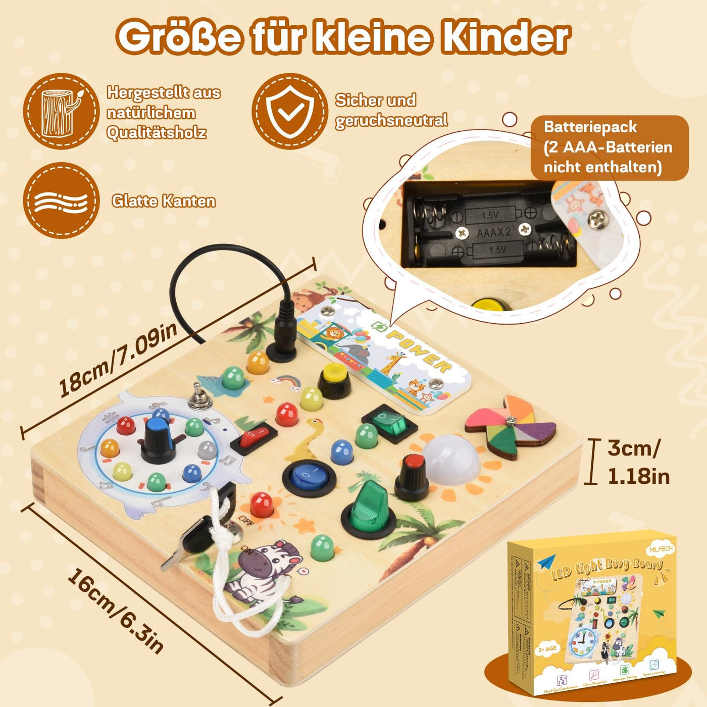 MILFECH Montessori Spielzeug Busy Board mit LED Lichtschalter Activity Board Holzspielzeug,17 LED Motorikspielzeug Sensorik Spielzeug Lernspielzeug für Babys Kleinkinder Jungen Mädchen ab 1 2 3 4 Jahr