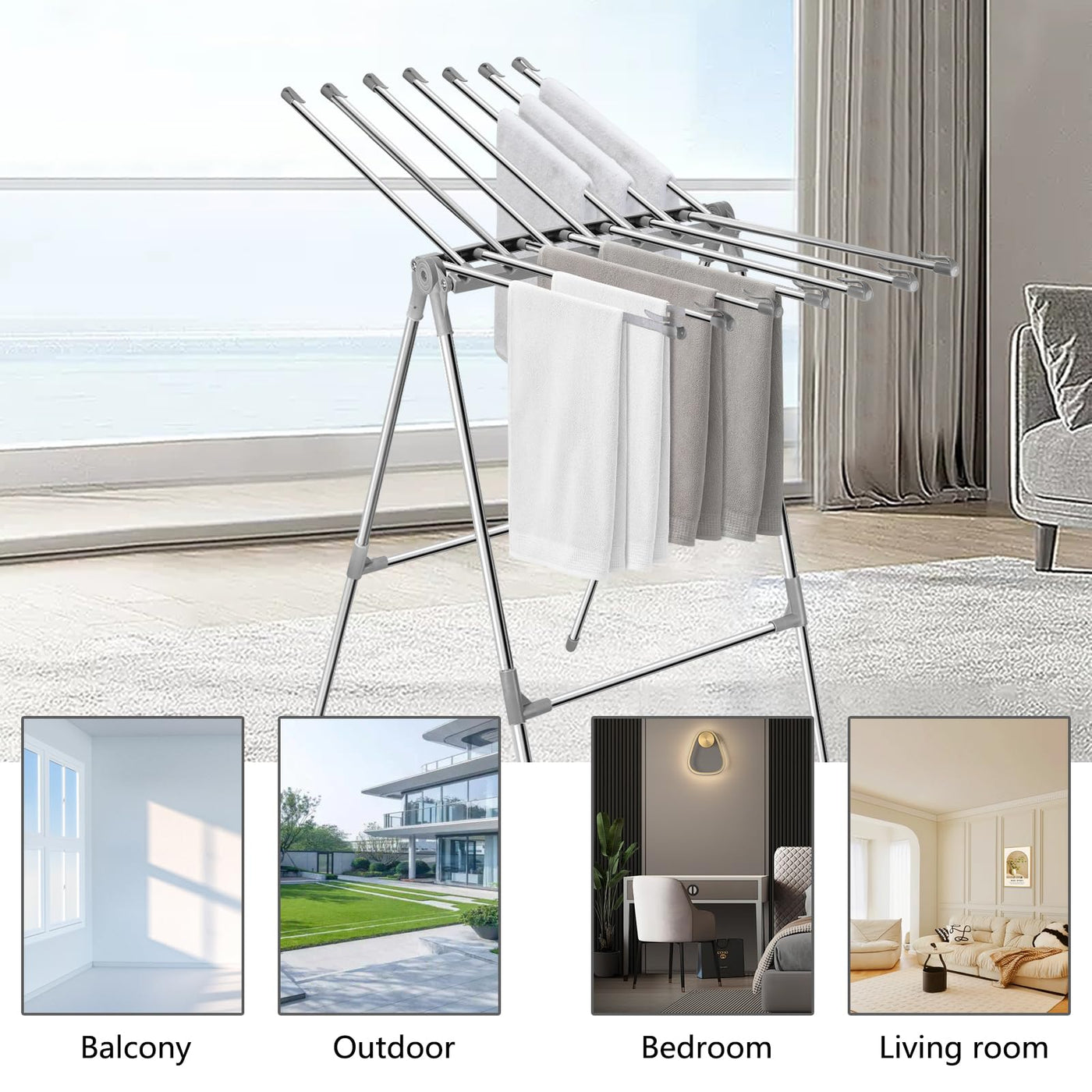 Sinbide Wäscheständer Interieur Faltbarer Wäscheständer mit 2 Flügeln Wäscheständer Edelstahl Standtrockner Gewichtskapazität 10kg Wäschetrockner mit Clip Windschutz Wäschetrockner Outdoor