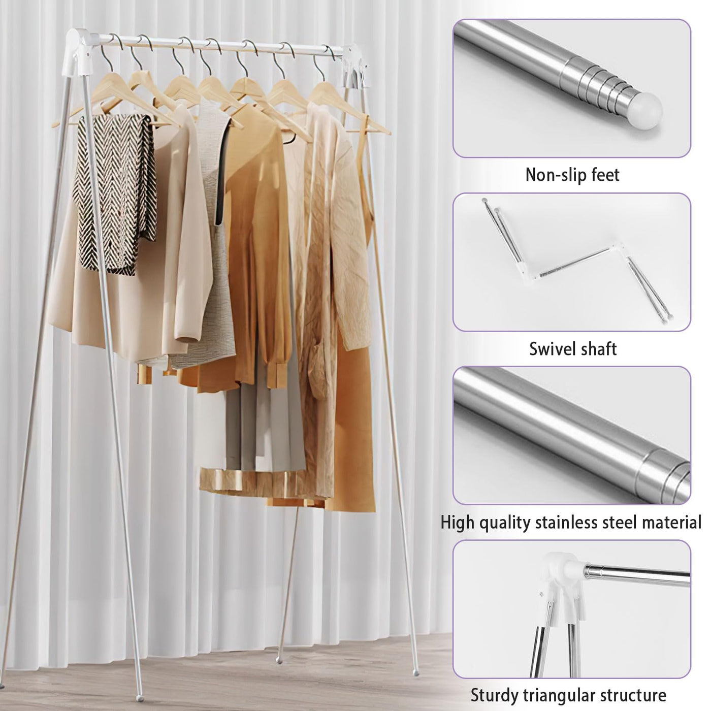 JABNOW Tragbarer Kleiderständer Klappbar,13-28 Zoll Teleskop Wäscheständer Mit 2 Klappbügeln,Verstellbarer Reise kleiderständer,Wäscheständer Klein Klappbar aus Edelstahl für Reisen,Camping,Zuhause