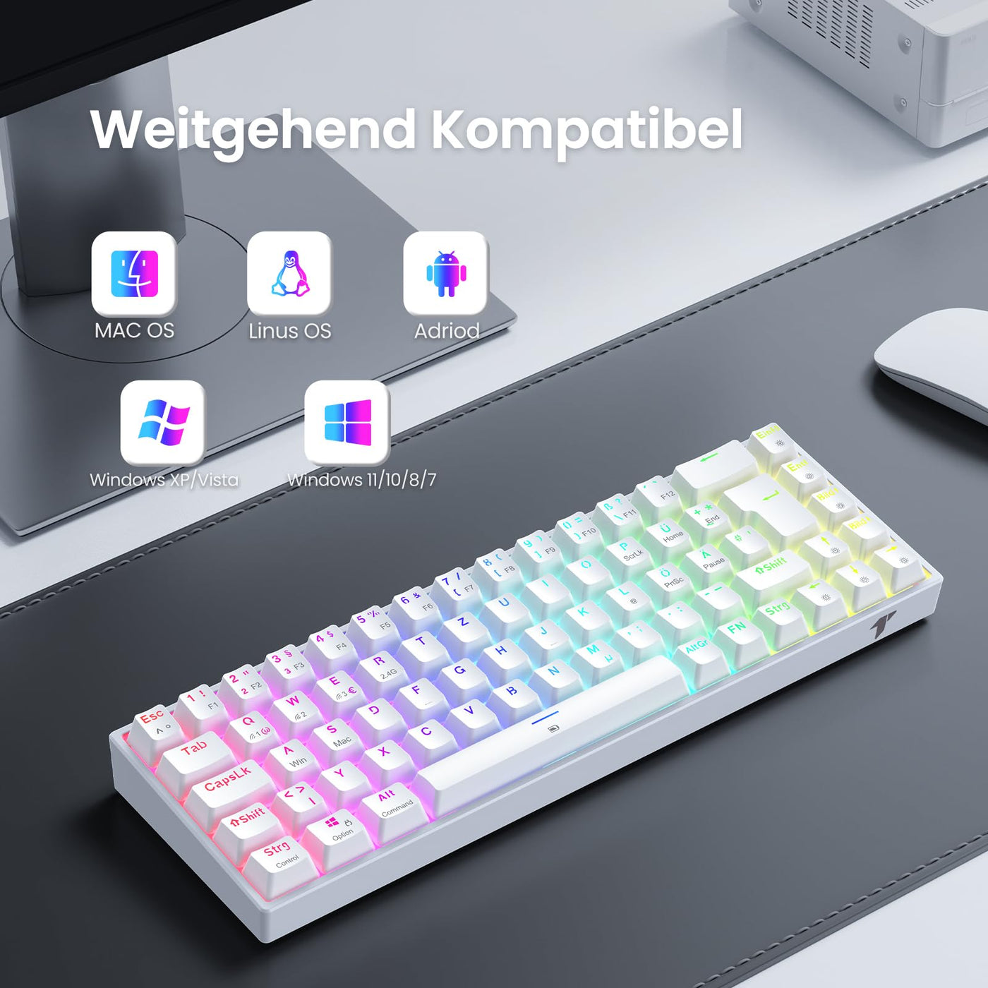 TECURS Gaming Tastatur - RGB Mechanische Tastatur Kabellos Bluetooth/2.4G/Mit Kabel, 65% QWERTZ Gamer Tastatur mit Rote Schalter für PC/Laptop/PS4/PS5, Weiß