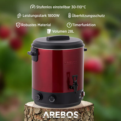 Arebos Einkochautomat 1800 W | Einkochtopf 28 L | mit Timer, Thermostat & Überhitzungsschutz | stufenlose Temperatureinstellung 30-110 °C| Zeitschaltuhr 20-120 min.| Glühweinkocher Heißgetränkeautomat