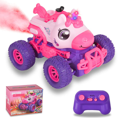BORSTOYPRO Einhorn Ferngesteuertes Auto für Kinder, Ferngesteuerte Einhorn Monster Truck für Mädchen, RC Monster Truck Einhorn Car mit Spray LED Licht, Einhörner Geschenk Spielzeug für Jungen Kinder