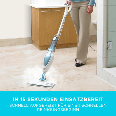 BLACK+DECKER 1600W Dampfreiniger Steam Mop Deluxe (selbststehender Dampf Mop für versiegelte Hartböden, Bodenreinigung mit waschbarem Microfaser-Pad, 180° drehbarer, herausnehmbarer Fuß) FSM1630-QS