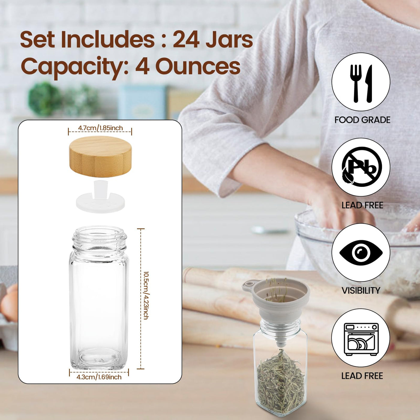 Lannvan Gewürzgläser Eckig Set [24 Stück] mit Bambus Deckel, 120ml Gewürzdosen mit 246 Etiketten, Gewürzstreuer Spice Jars Gewürzbehälter mit Trichter, Leeren Aufklebern, Reinigungsbürste, Sieben