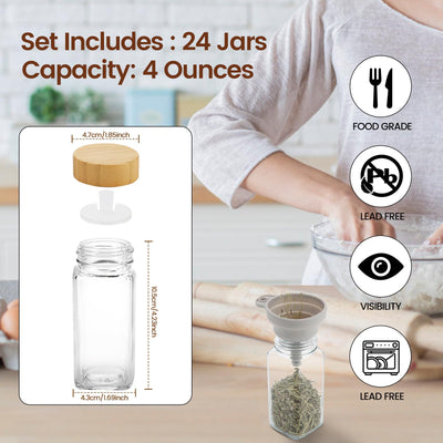 Lannvan Gewürzgläser Eckig Set [24 Stück] mit Bambus Deckel, 120ml Gewürzdosen mit 246 Etiketten, Gewürzstreuer Spice Jars Gewürzbehälter mit Trichter, Leeren Aufklebern, Reinigungsbürste, Sieben