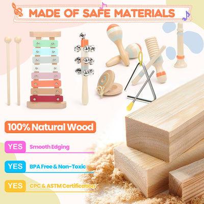 Musikinstrumente für Kinder, Kinderspielzeug ab 3 Jahre, Montessori Spielzeug, Holzspielzeug Baby Schlagzeug Kinder Trommel, Percussion-Instrumente Set, Geschenkideen für Jungen Mädchen 3+(9 in 1)