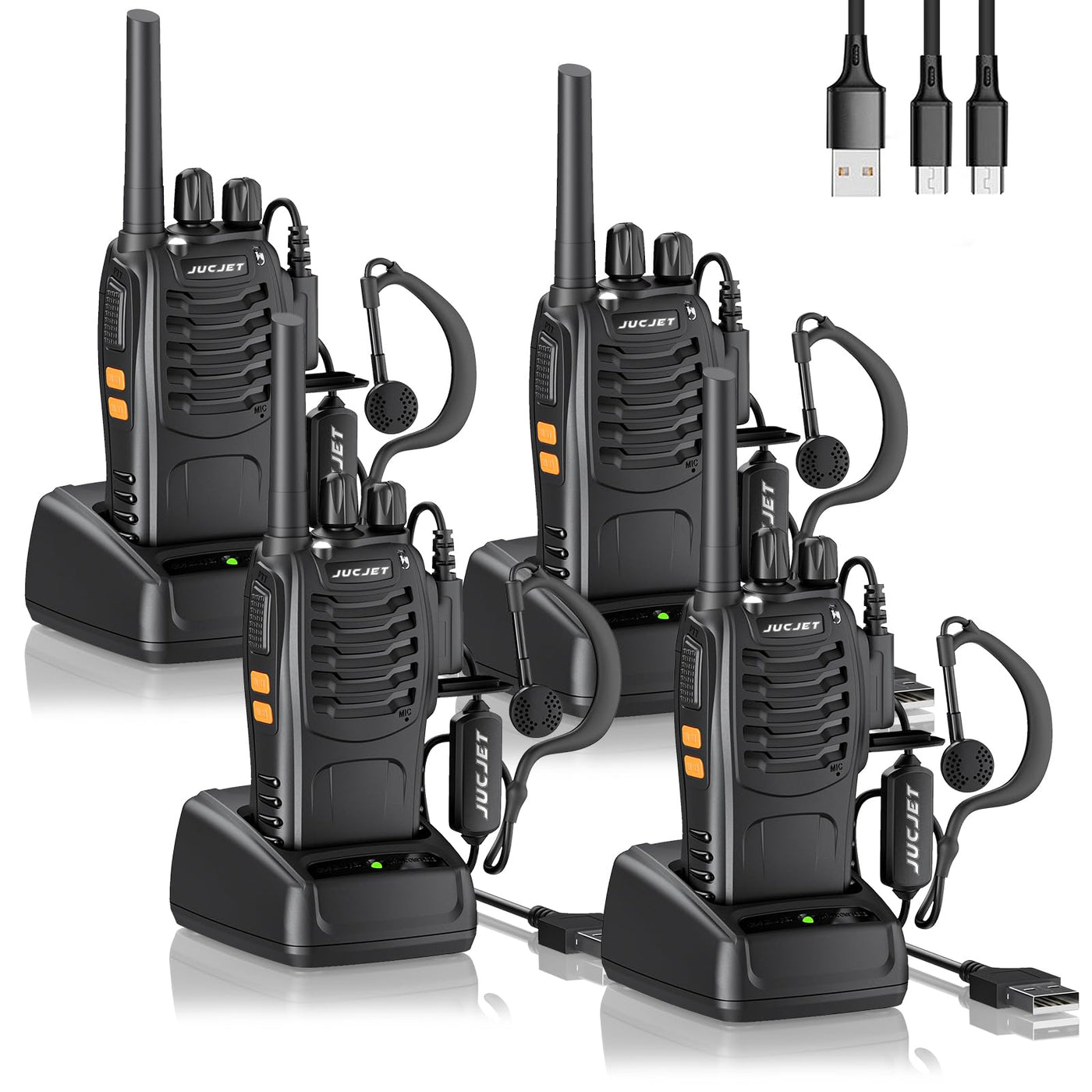 JUCJET 88E Walkie Talkie,Lizenzfrei PMR446 16 Kanäle Funkgeräte,2W Funkempfang 16 Kanäle 3-5 Meile Reichweite Sprechfunkgerä,Mit USB-Ladestation und Headset, (Schwarz, 4 Stück)